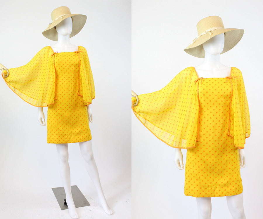 1970s polka dot cape HUGE SLEEVES mini dress xxs | new summer