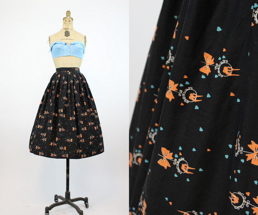 1950s lovebird and heart novelty print skirt xs | new spring