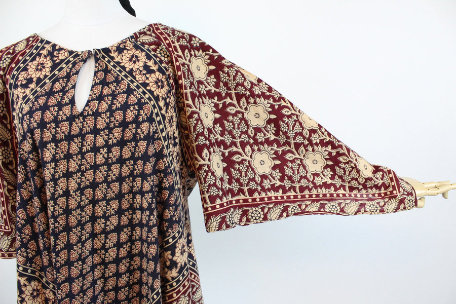 1970s Indian cotton caftan dress angel sleeves handkerchief hem | new spring
