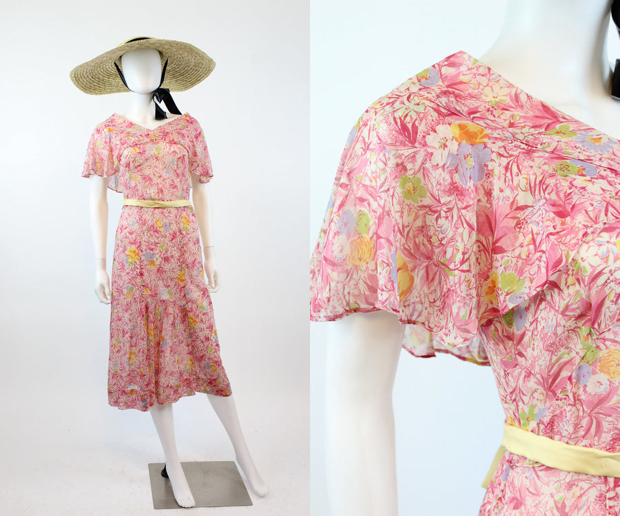 1930s NRA cotton floral 1933-1935 vintage cape dress xs | new spring