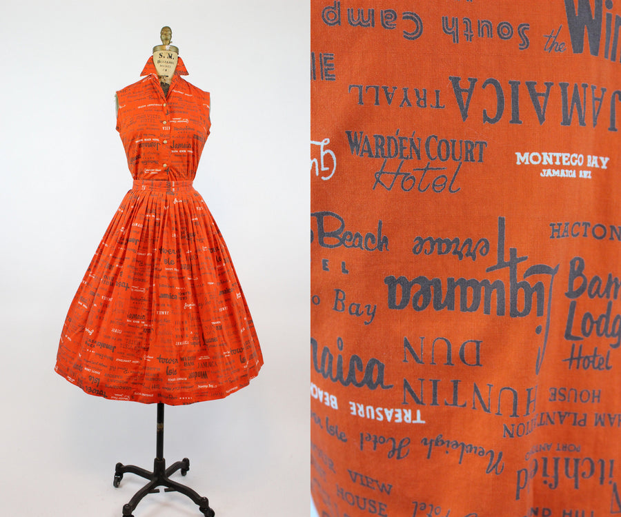 1950s travel print skirt and top jamaica novelty print dress xs | new spring