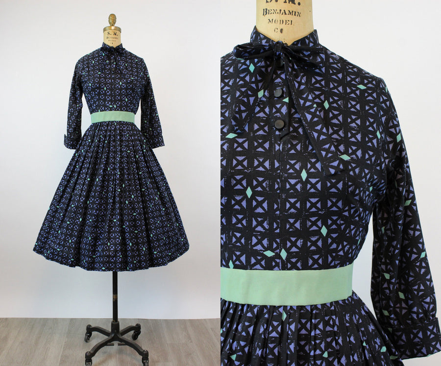 1950s Jonathan Logan cotton GRID dress xs | new fall