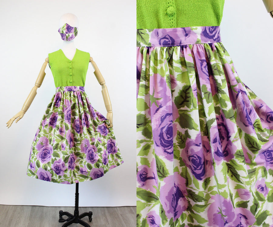 1950s purple ROSE fabric handmade skirt small | new fall