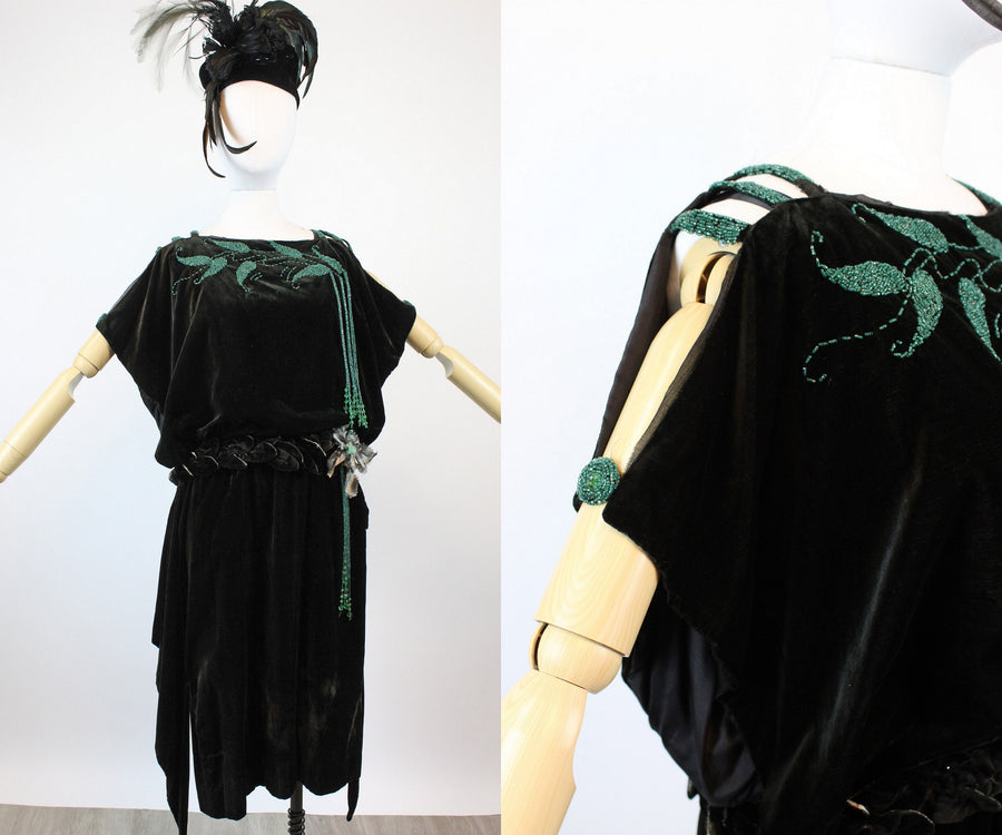 1920s RARE GREEN bead art deco velvet dress xs | New winter 1920s RARE GREEN bead art deco velvet dress xs | New winter