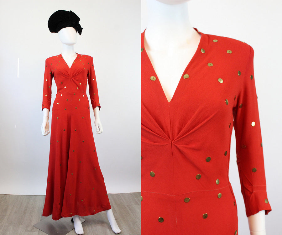 1940s GOLD DISC red rayon gown dress xs | new spring OC