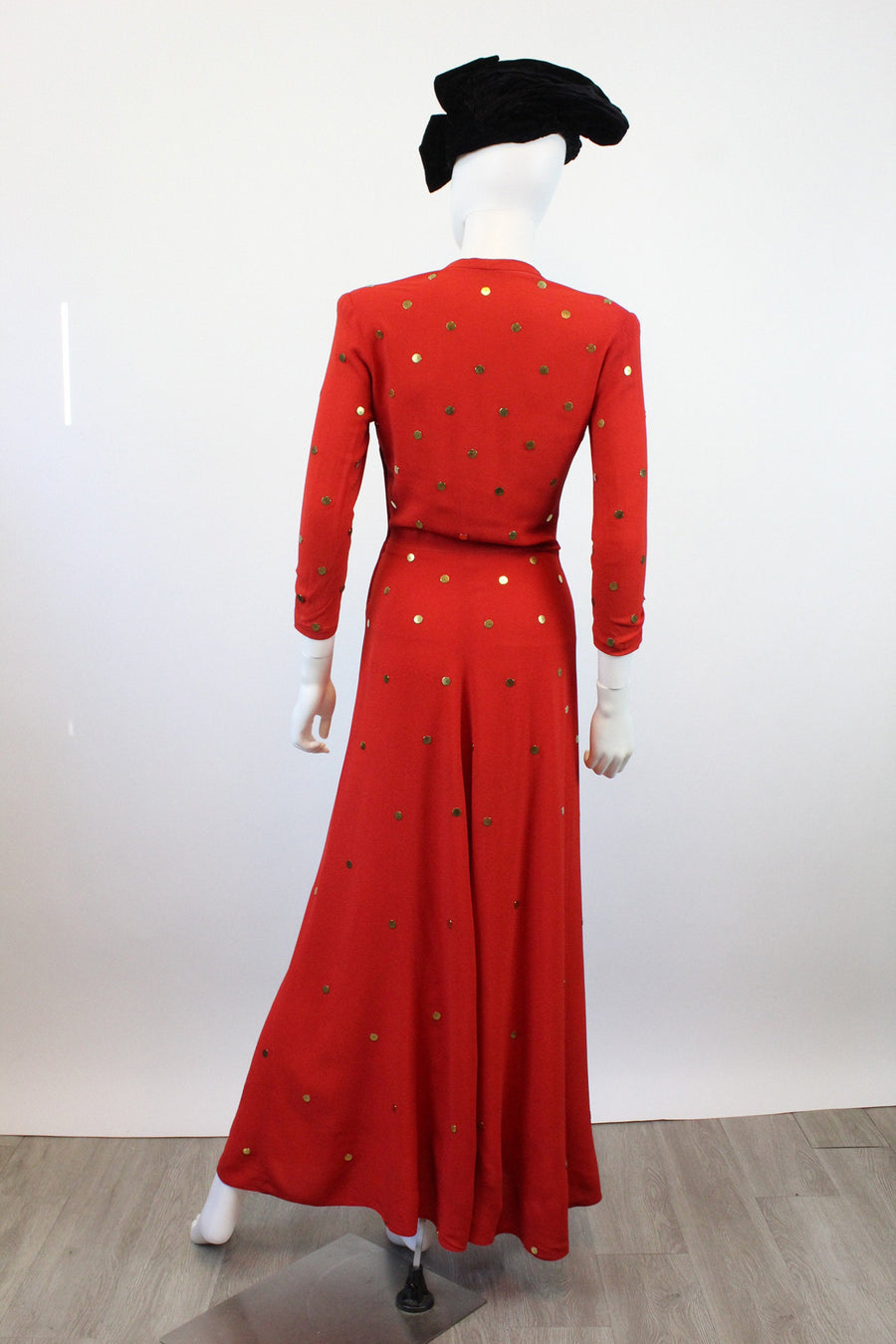 1940s GOLD DISC red rayon gown dress xs | new spring OC