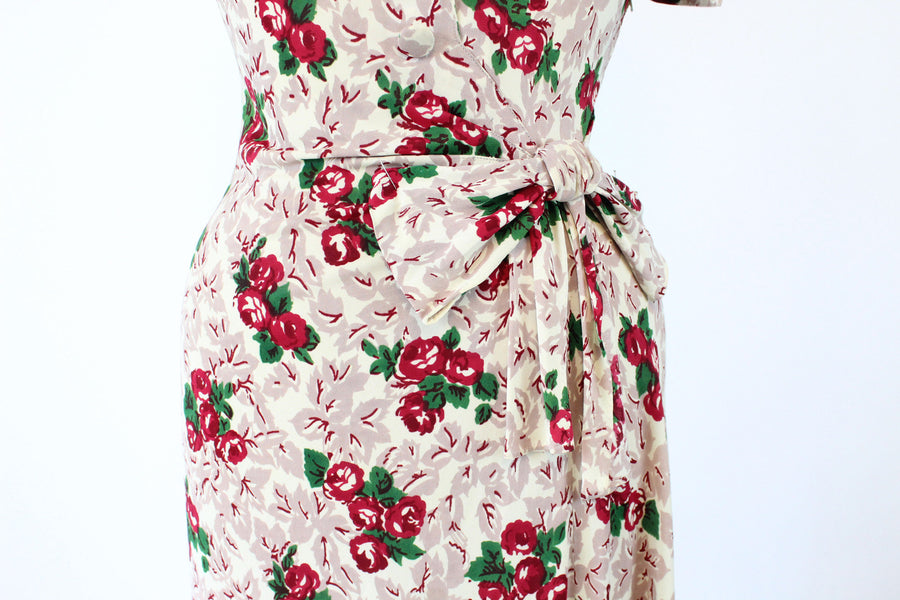 1940s rayon jersey floral dress XS | vintage sheer peplum dress OC