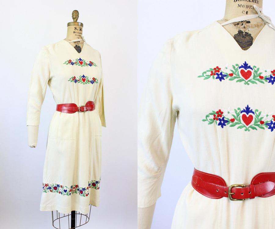 1930s JANE WHITNEY heart embroidered dress medium | new winter