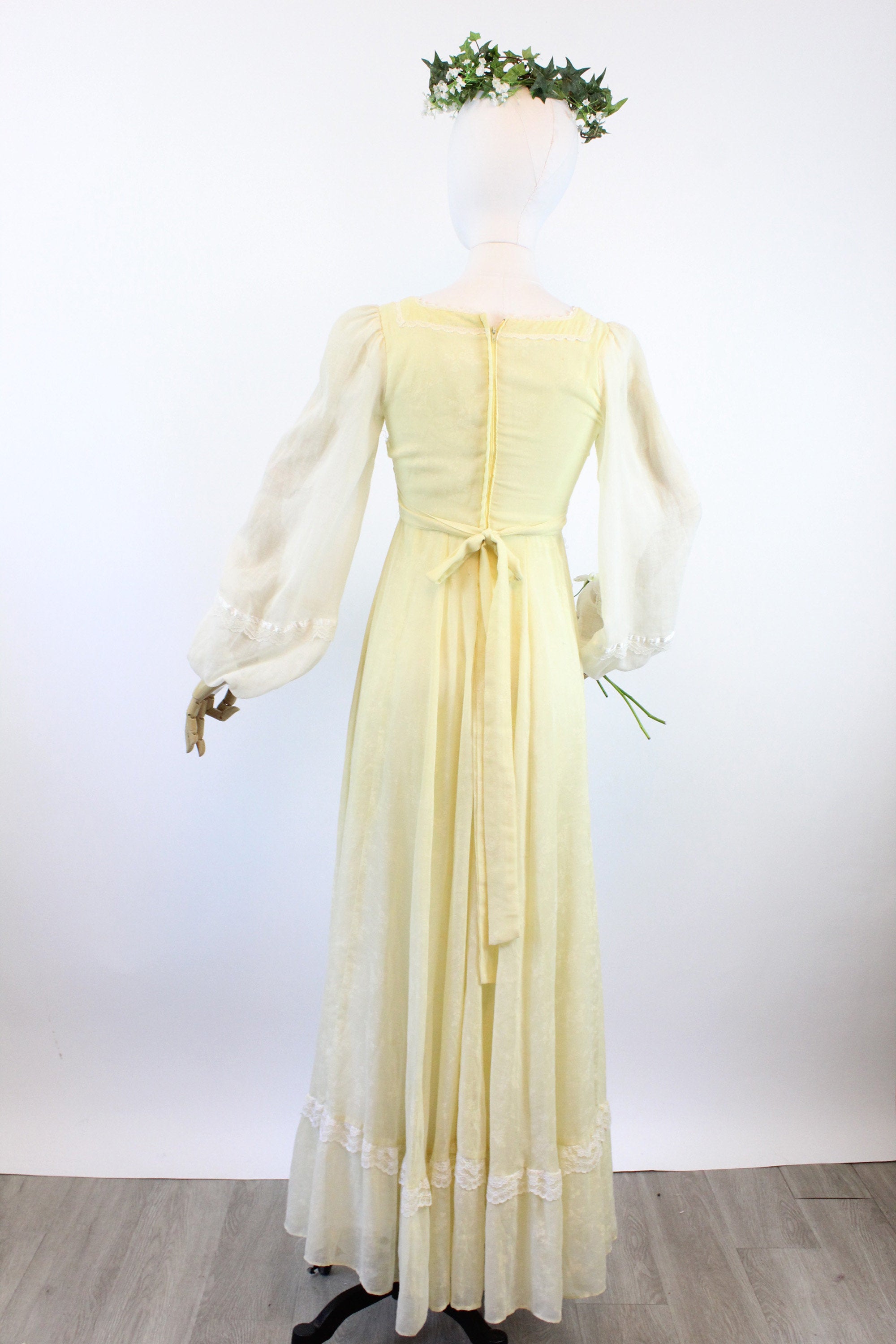 vintage yellow dress 1970s Gunne Sax CORSET yellow floral maxi dress xs