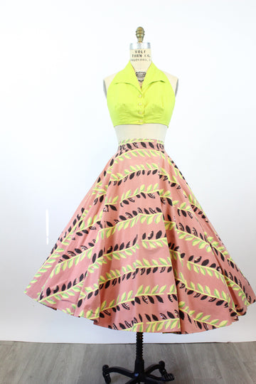 1950s CHARTREUSE vine print circle skirt xs | new spring