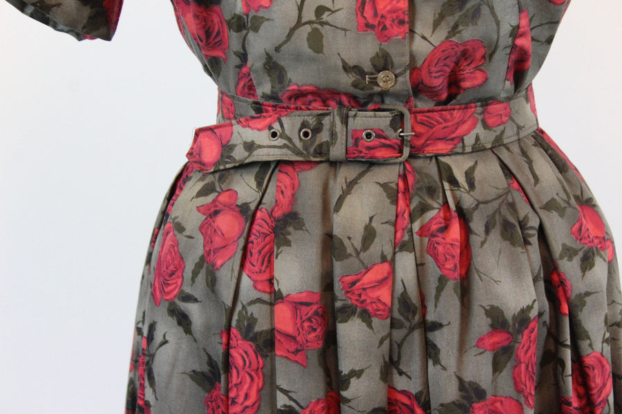 1950s rose print cotton TOP SKIRT BELT xs | new spring