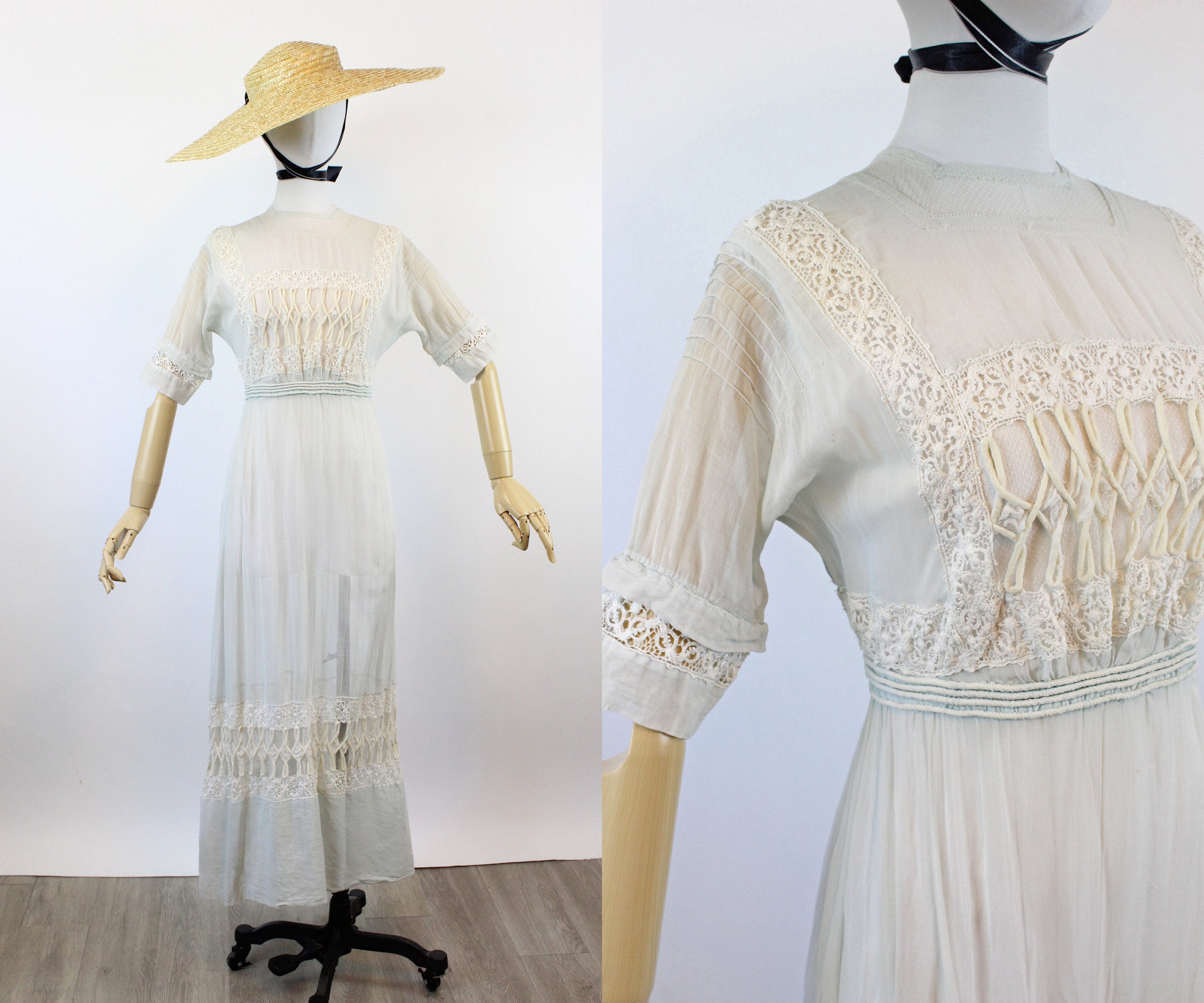 antique twirl lace trim long dress Vintage Handmade Girls 2t Blue Gingham Puffy Sleeve Twirl Dress Fancy Lace  Trim