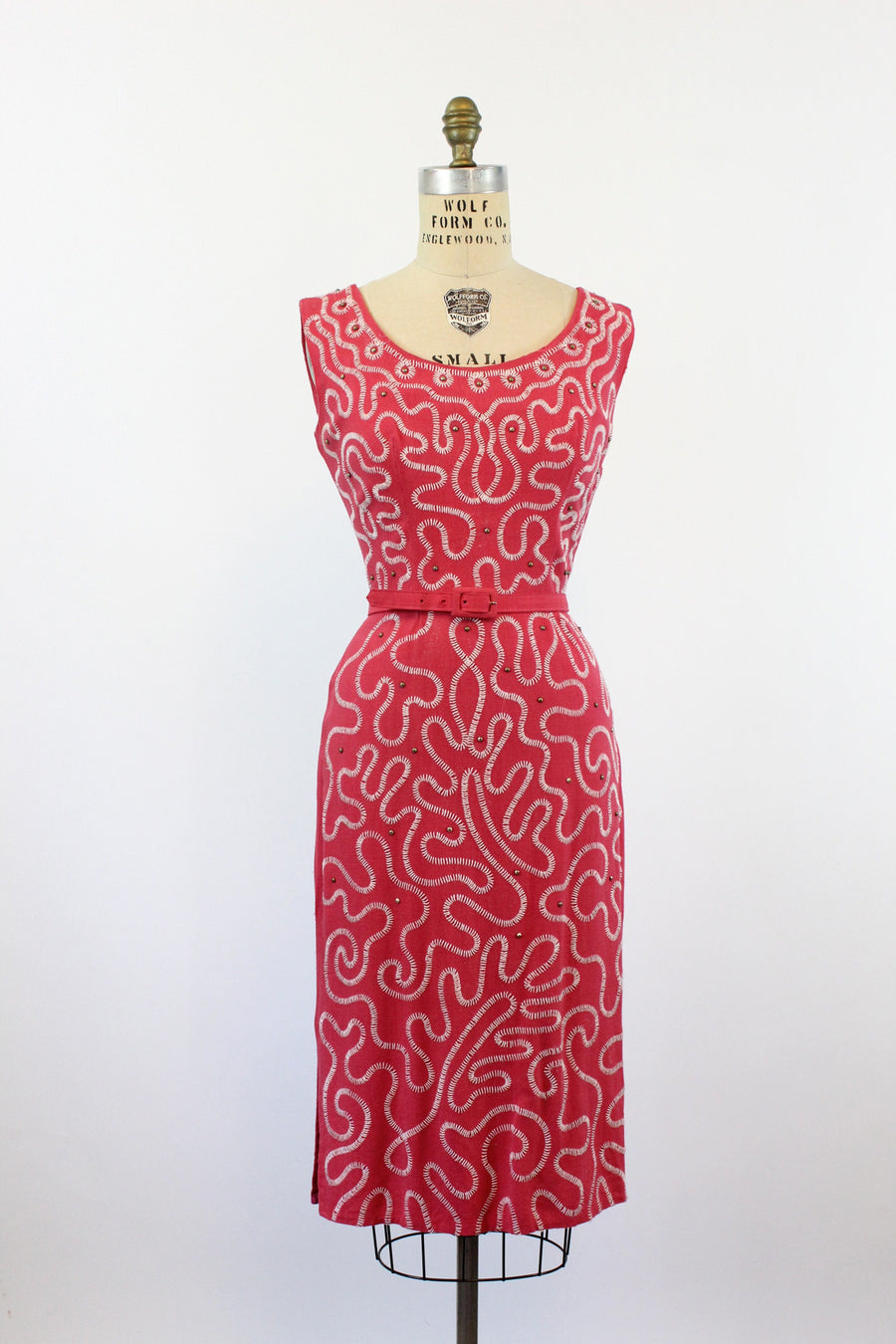 LINEN coral BRASS STUD embroidered dress small | new spring