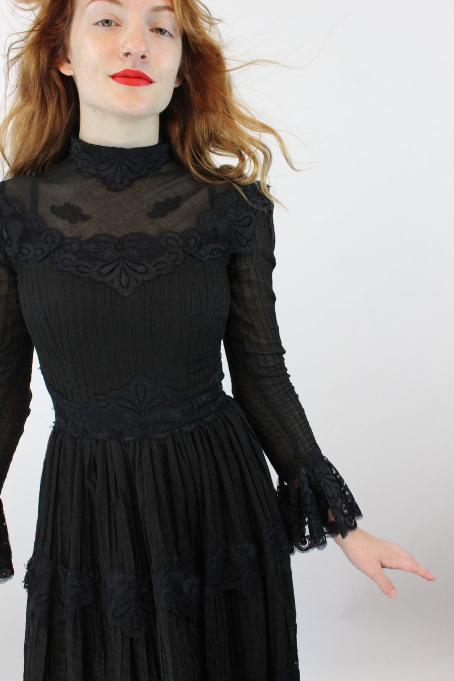 1970s black COTTON LACE mexican dress xs | new winter