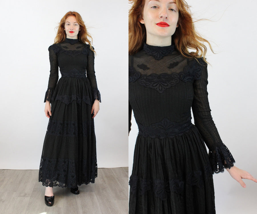 1970s black COTTON LACE mexican dress xs | new winter