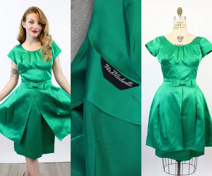 1960s MR BLACKWELL green satin dress and over skirt medium | new winter