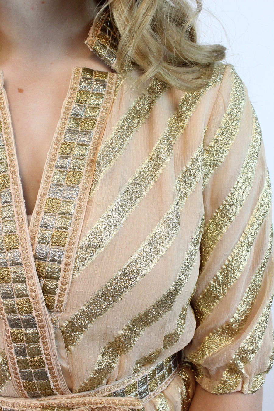 1960s TRAVILLA gold sheer silk bow belt dress xs small | new winter