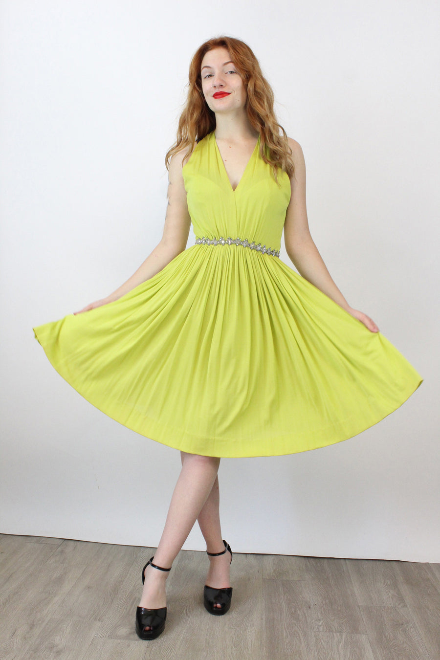 1960s KIKI HART chartreuse HALTER silk jersey dress xs | New winter 1960s KIKI HART chartreuse HALTER silk jersey dress xs | New winter