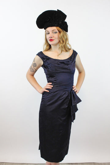 1950s CEIL CHAPMAN navy silk DRAPED dress xs | new spring
