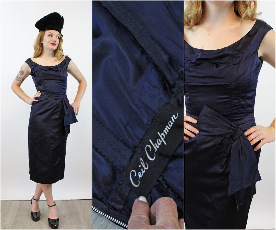 1950s CEIL CHAPMAN navy silk DRAPED dress xs | new spring