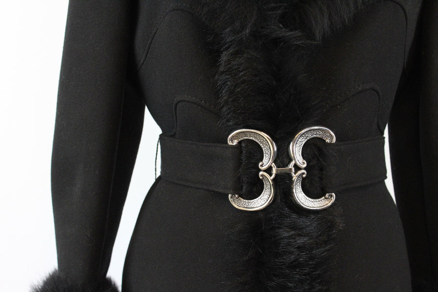1960s black FAUX FUR belted coat medium | new winter