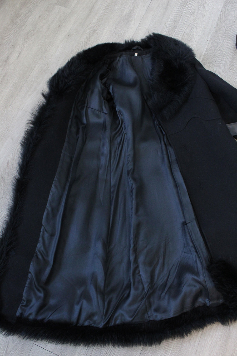 1960s black FAUX FUR belted coat medium | new winter