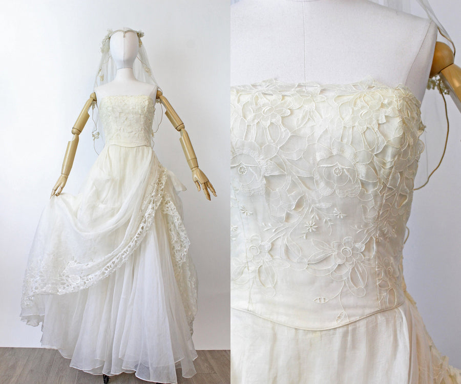 1950s BONWIT TELLER organza broderie anglaise wedding dress xs | new spring