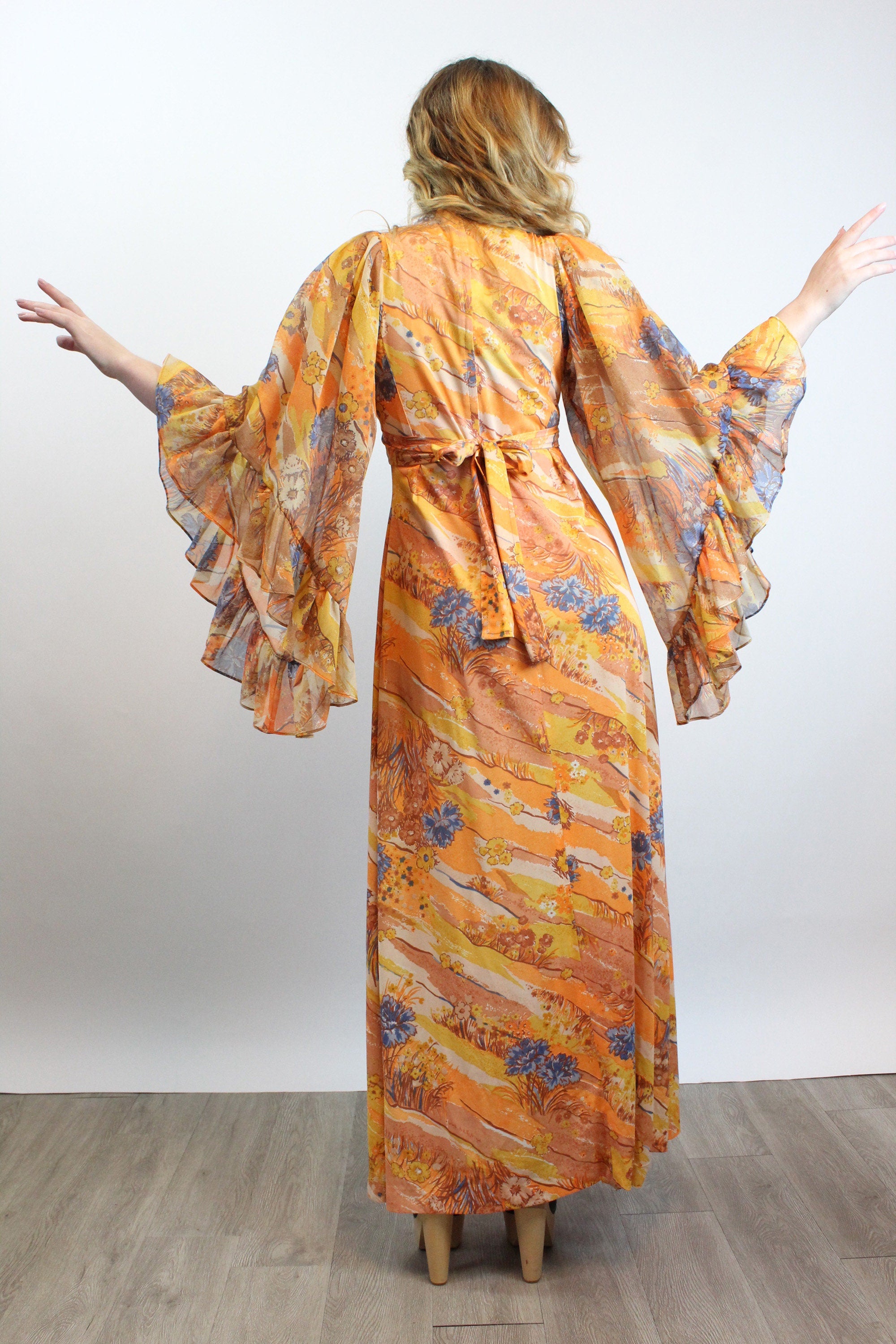 women's dark blue and black angel vintage dress 1970s ANGEL SLEEVE maxi dress small women's dark blue and black angel vintage dress 1970s ANGEL SLEEVE maxi dress small