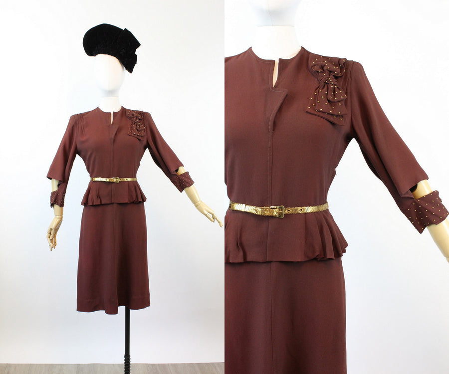 1940s GOLD studded OPEN sleeve rayon dress small | new winter