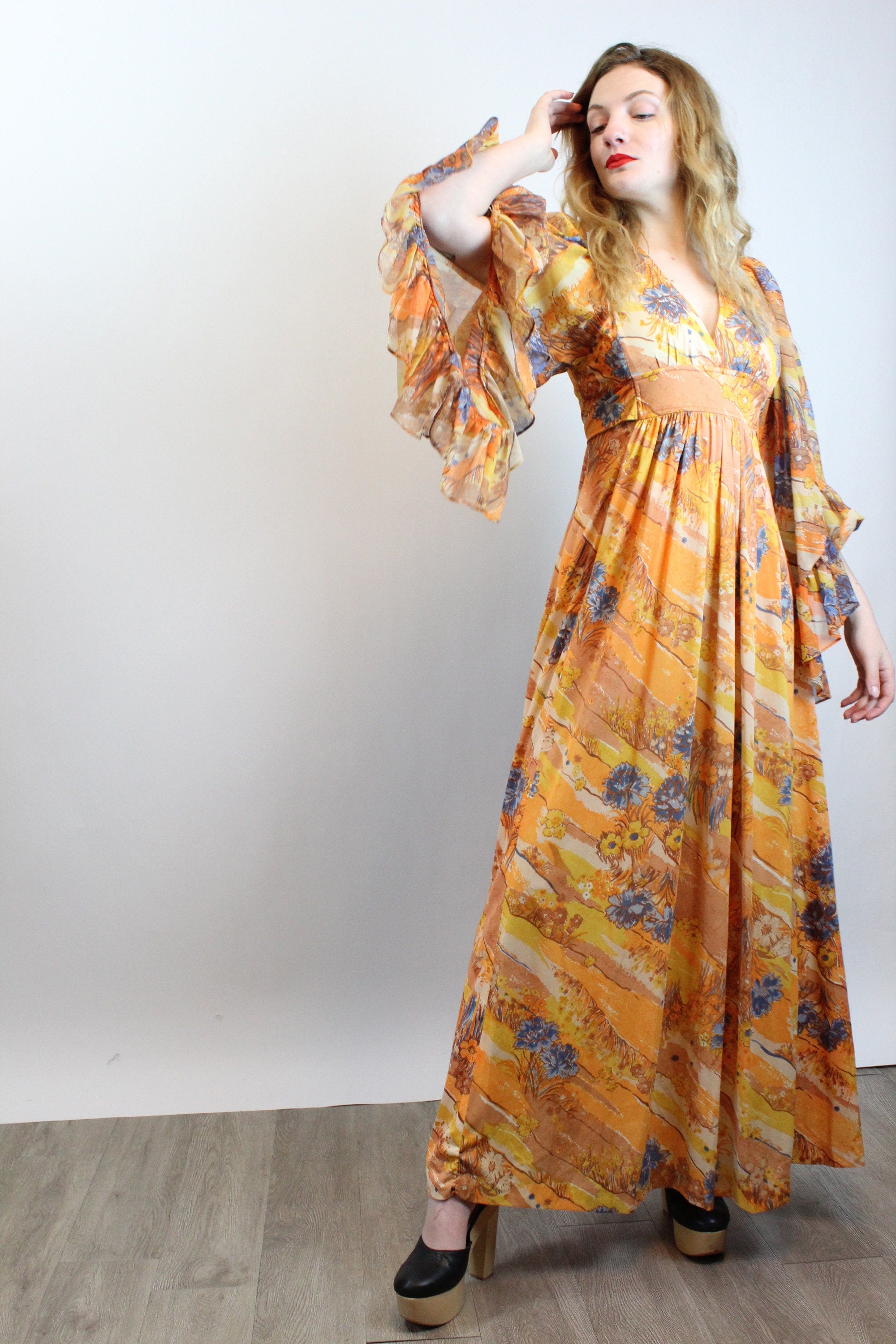 women's dark blue and black angel vintage dress 1970s ANGEL SLEEVE maxi dress small