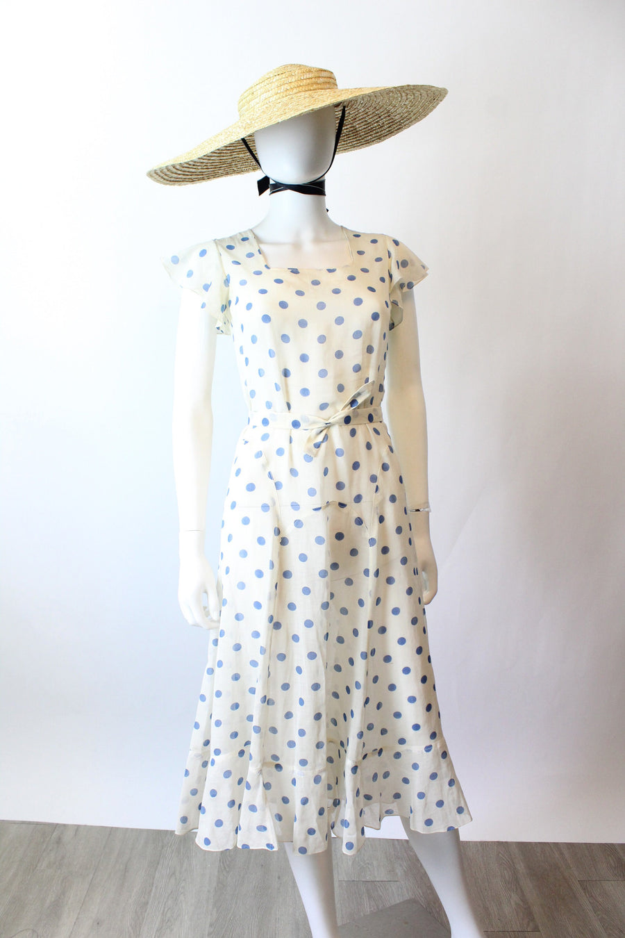 cotton organdy dress 1930S Off White Cotton Organdy Garden Party Dress With Tiny Green Polka Dots & Matching Ruffle Sleeve Bolero