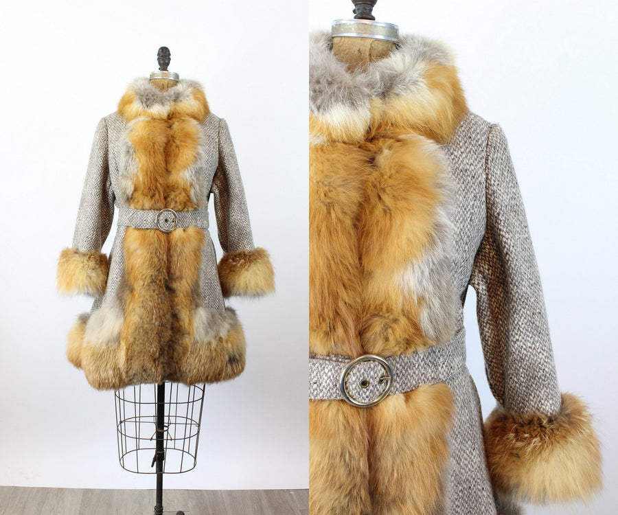 1970s TWEED red fox fur coat medium | new fall