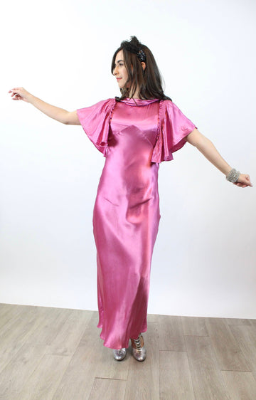 1930s CAPE SLEEVES bias satin gown dress xs | new winter