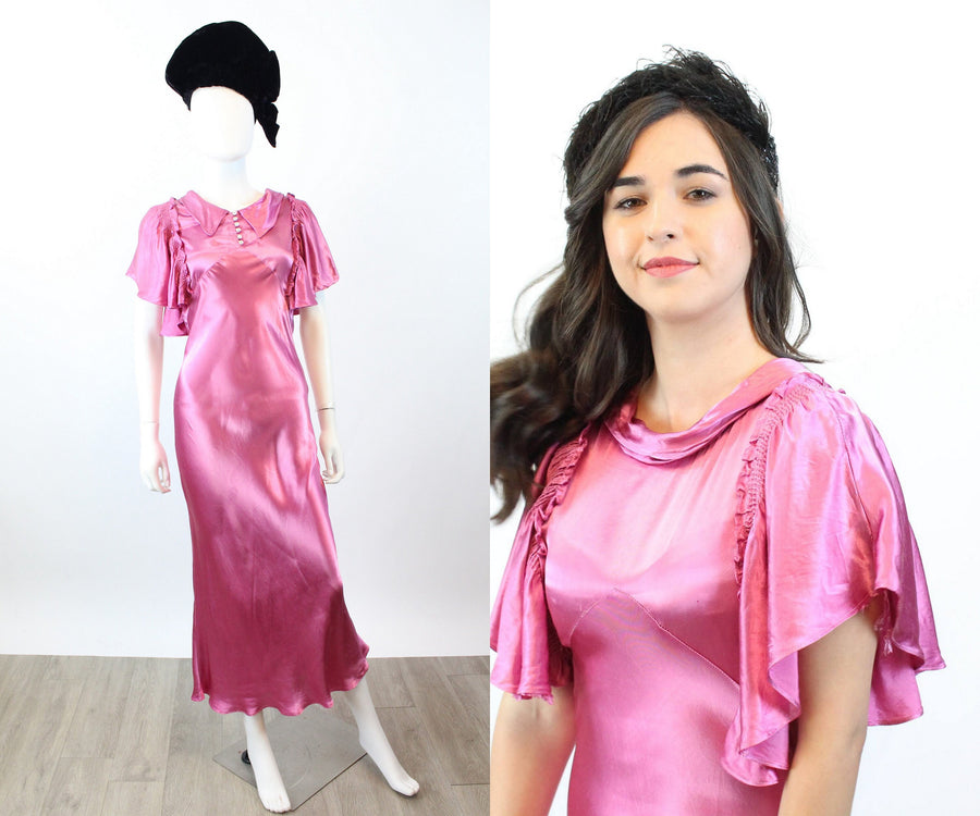 1930s CAPE SLEEVES bias satin gown dress xs | new winter