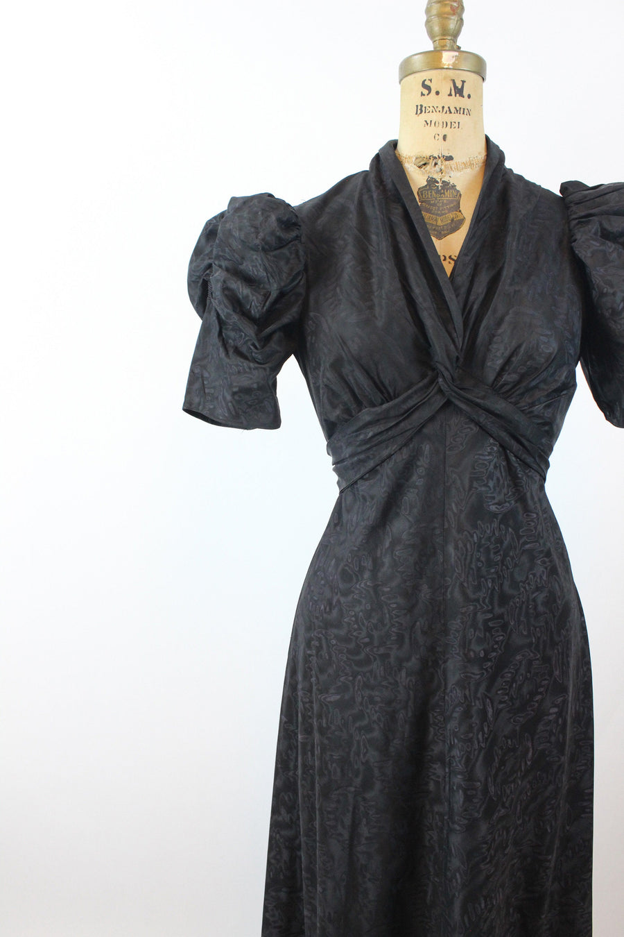 1930s Moire Puff Sleeves Dress Gown Small | New Winter 1930s Moire Puff Sleeves Dress Gown Small | New Winter