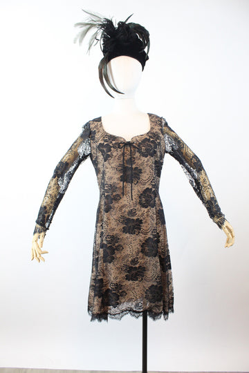 1970s BILL BLASS black lace nude silk corset dress medium | new winter
