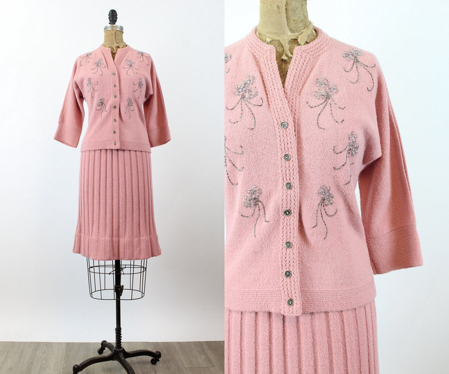1950s 1958 documented KOLDIN beaded skirt and cardigan set medium | new winter