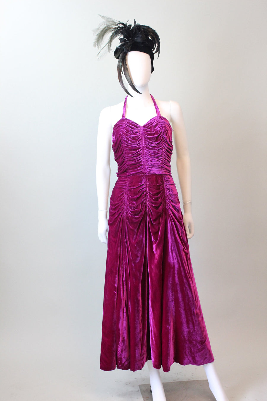 1940s MAGENTA RUCHED velvet halter dress xs | new fall