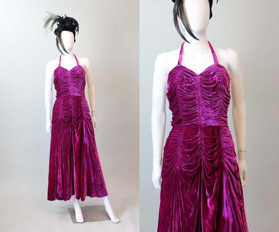 1940s MAGENTA RUCHED velvet halter dress xs | new fall