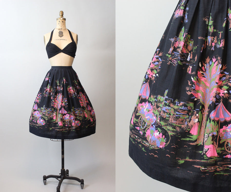 1950s CITY umbrella flower cart scene novelty print skirt small | new spring
