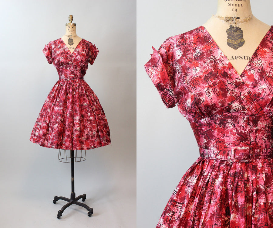 1950s JONATHAN LOGAN novelty CITYSCAPE print dress xs | new fall