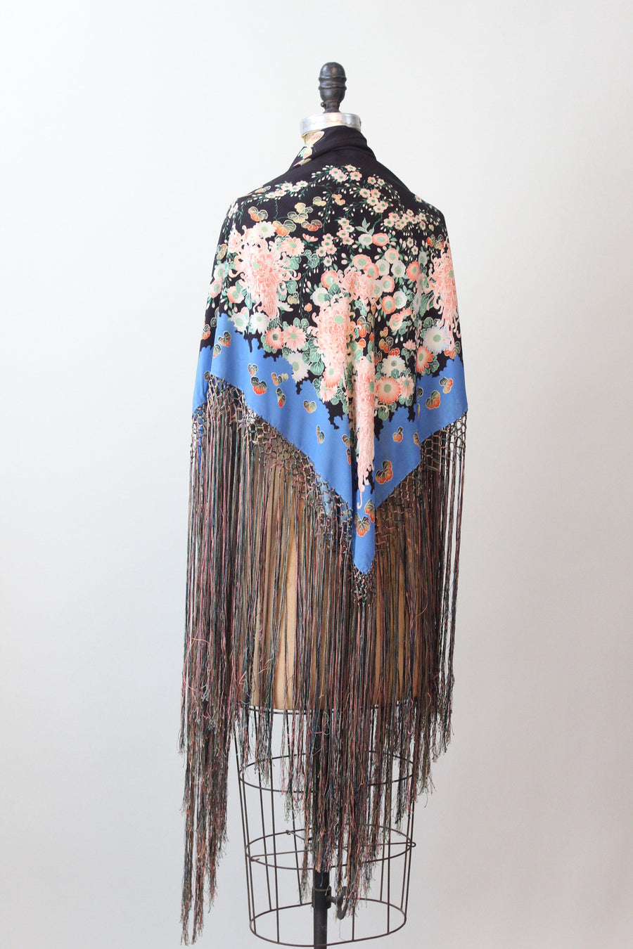 1920s SILK PONGEE piano BUTTERFLY fringe silk scarf | new spring