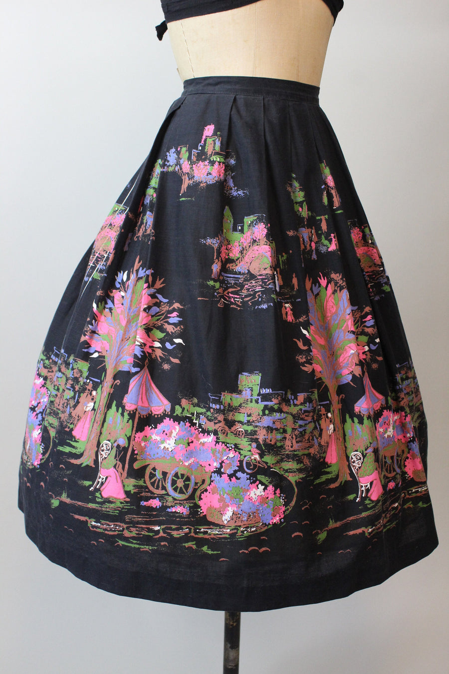 1950s CITY umbrella flower cart scene novelty print skirt small | new spring