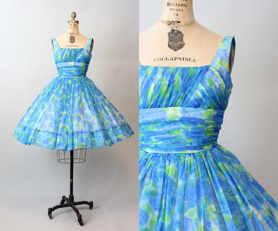 1950s GiGi YOUNG blue rose organza dress xs  | new spring