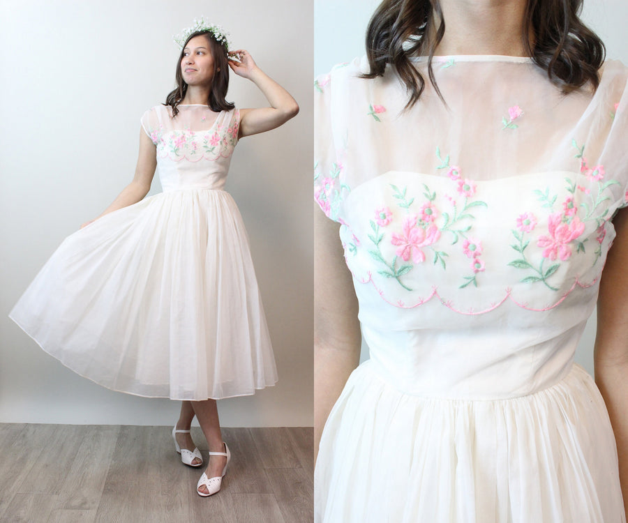1950s ORGANZA PINK ROSE embroidered dress xxs  | new spring