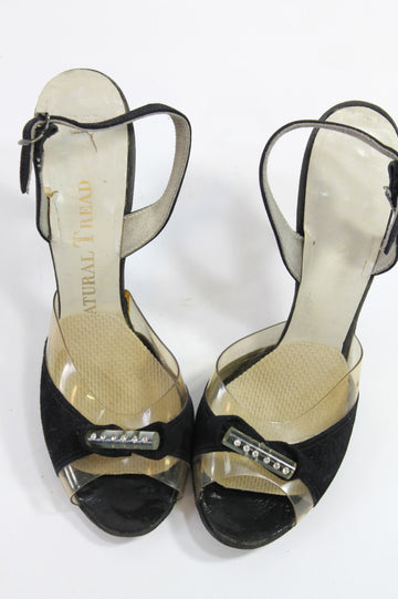 50s Shoes Rhinestone Lucite Size 5 / 1950s Black Velvet Slingbacks / Cocktail Party Peep Toes