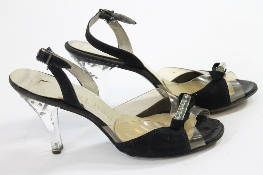 50s Shoes Rhinestone Lucite Size 5 / 1950s Black Velvet Slingbacks / Cocktail Party Peep Toes