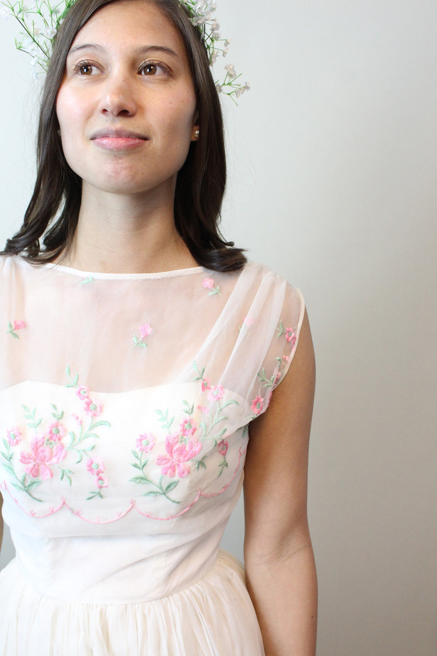 1950s ORGANZA PINK ROSE embroidered dress xxs | New spring 1950s ORGANZA PINK ROSE embroidered dress xxs | New spring