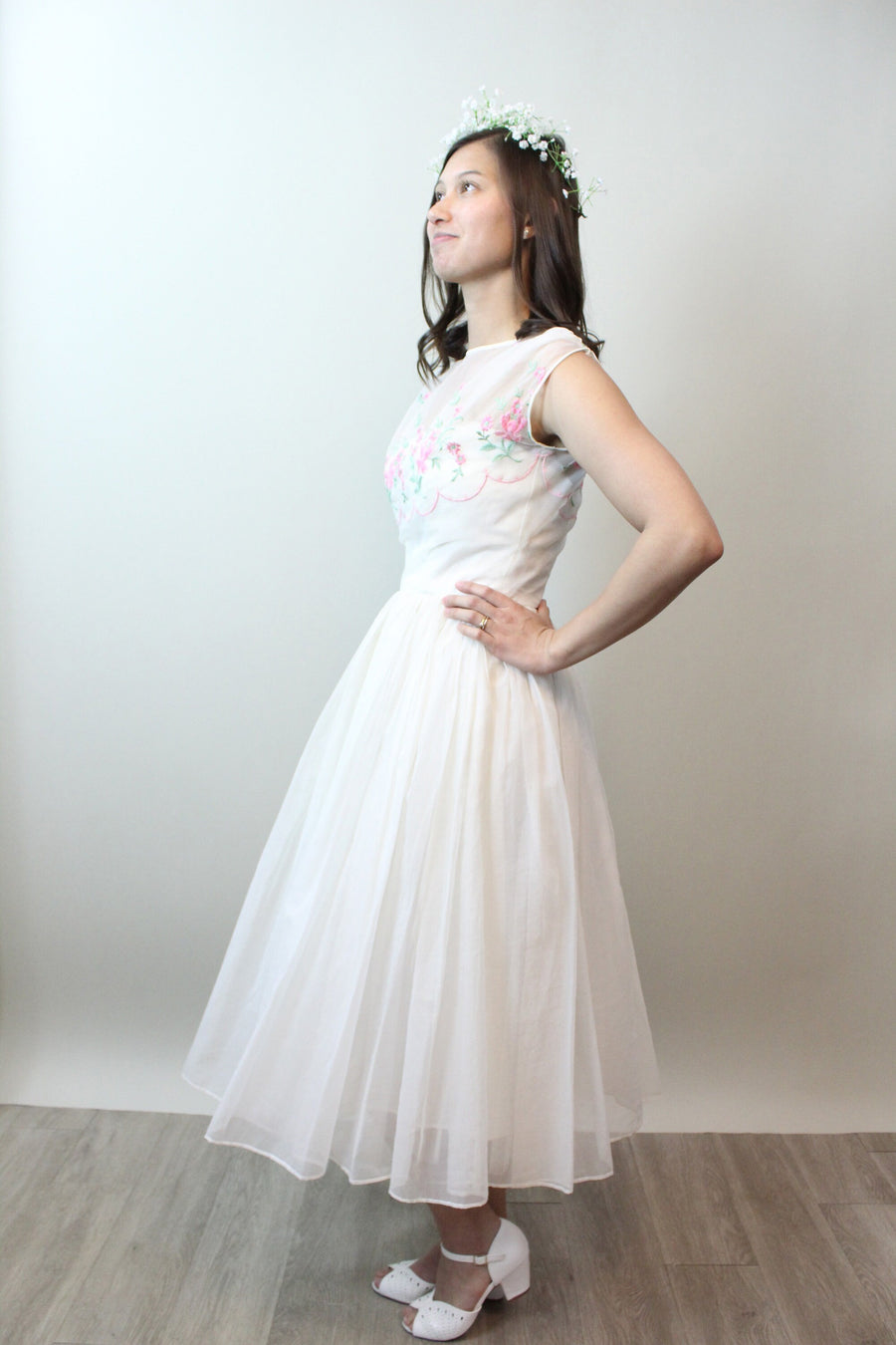 1950s ORGANZA PINK ROSE embroidered dress xxs  | new spring