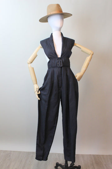 1980s RHONDA HARNESS jumpsuit linen belted small | new spring